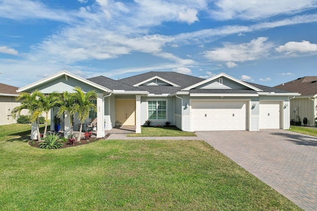 ranch-style home with a garage and a front yard