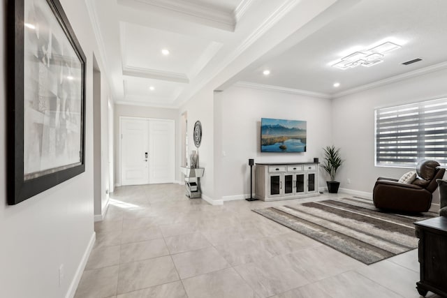 living room featuring crown molding and light tile patterned flooring