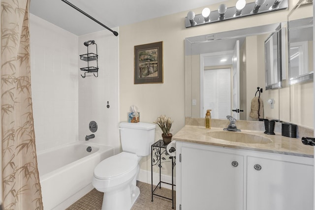 full bathroom featuring shower / tub combo with curtain, vanity, toilet, and tile patterned flooring