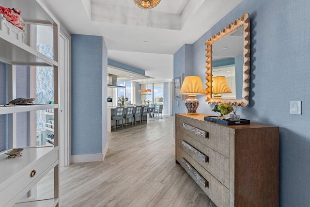 corridor featuring a raised ceiling and light hardwood / wood-style floors