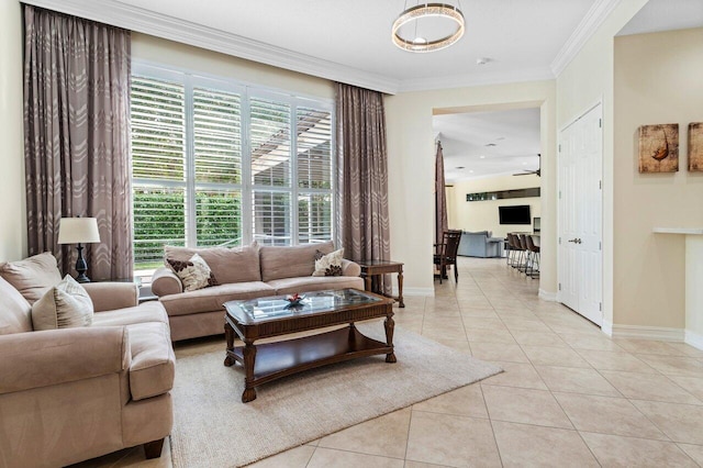 living room featuring crown molding and light tile patterned floors