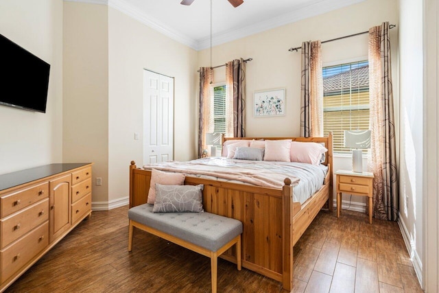 bedroom with crown molding, ceiling fan, dark hardwood / wood-style flooring, and a closet