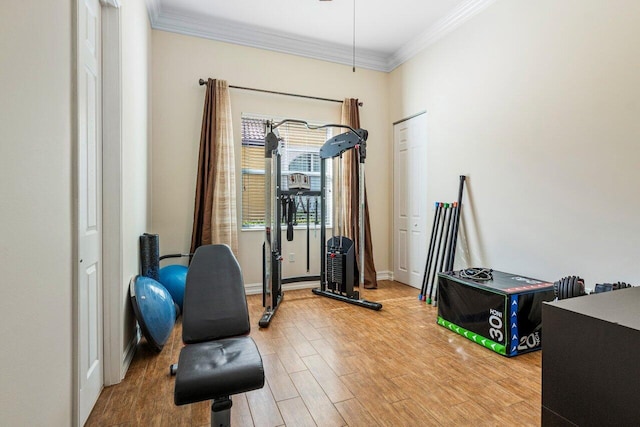 exercise area featuring ornamental molding and hardwood / wood-style floors