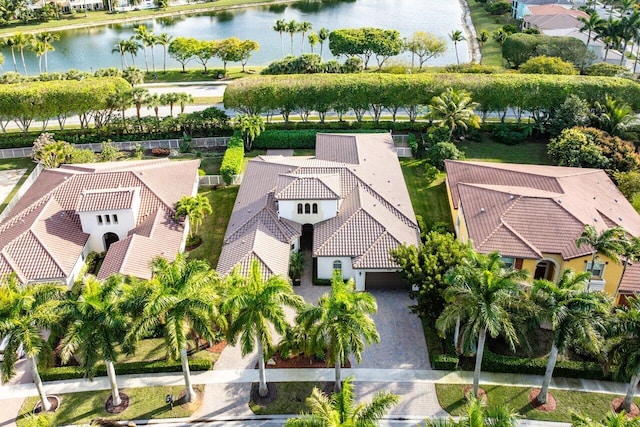 bird's eye view with a water view