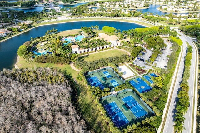 aerial view featuring a water view