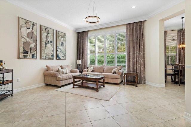 living room featuring ornamental molding, light tile patterned floors, and an inviting chandelier