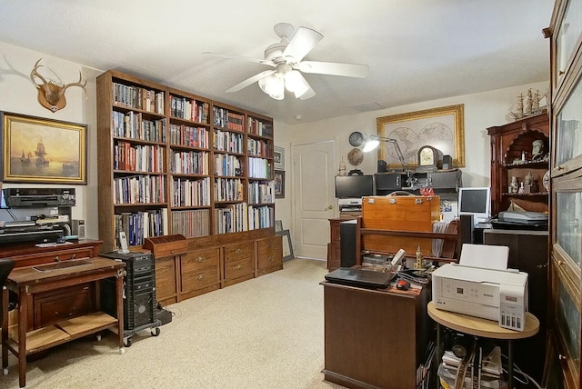 office area featuring ceiling fan and carpet flooring