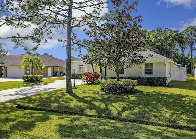 ranch-style home featuring a garage and a front lawn