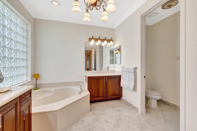 bathroom with tile patterned flooring, crown molding, a tub, and toilet