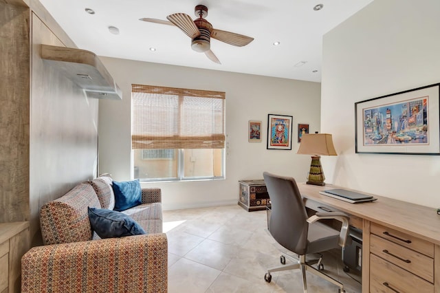 office space featuring light tile patterned floors and ceiling fan