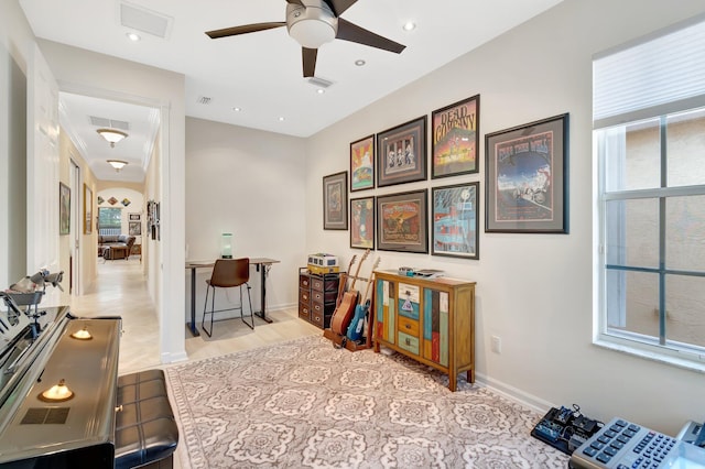 office area with ceiling fan