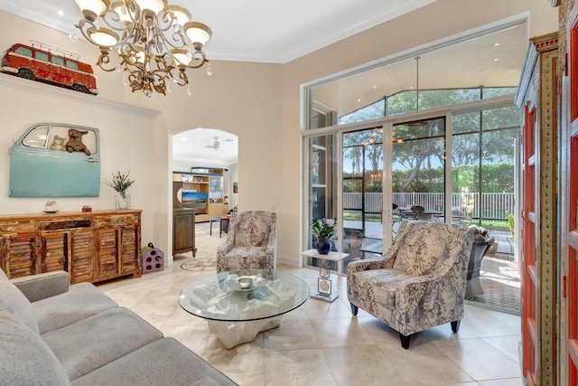 tiled living room featuring crown molding and an inviting chandelier