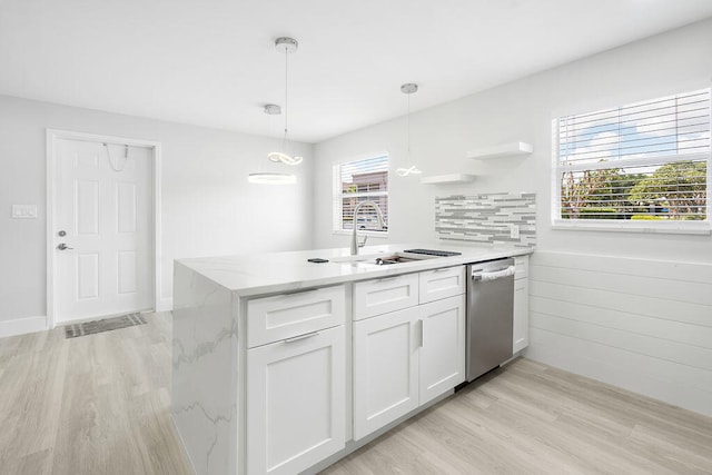 kitchen featuring white cabinetry, dishwasher, sink, hanging light fixtures, and kitchen peninsula