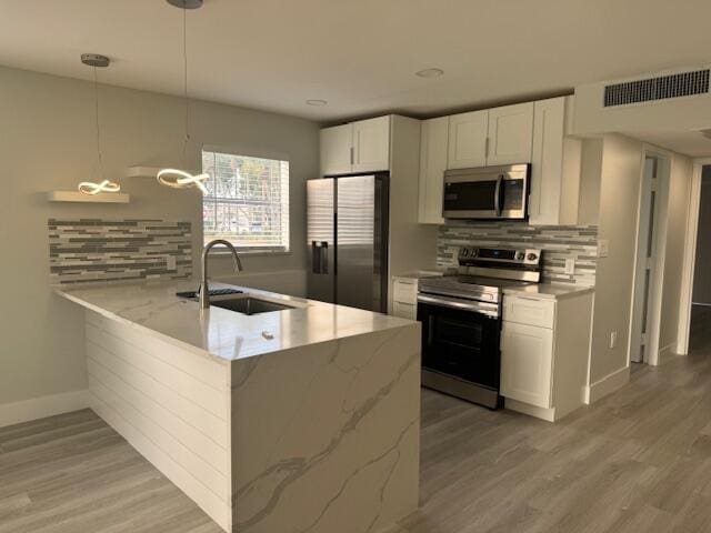 kitchen with appliances with stainless steel finishes, white cabinetry, sink, hanging light fixtures, and kitchen peninsula