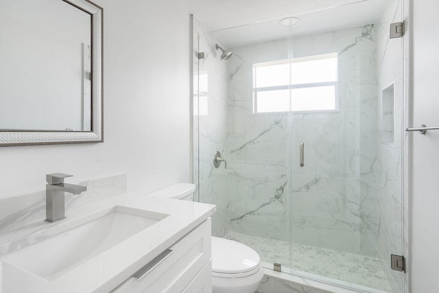 bathroom with vanity, toilet, and a shower with shower door