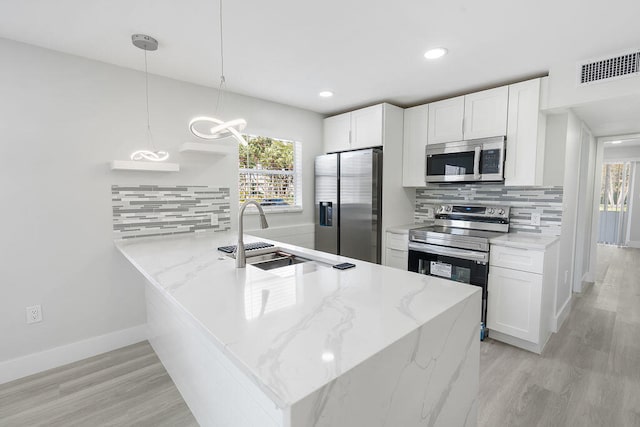 kitchen featuring pendant lighting, sink, appliances with stainless steel finishes, white cabinetry, and kitchen peninsula