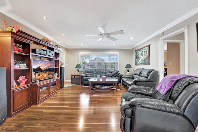 living room with crown molding, dark wood-type flooring, ceiling fan, and a textured ceiling