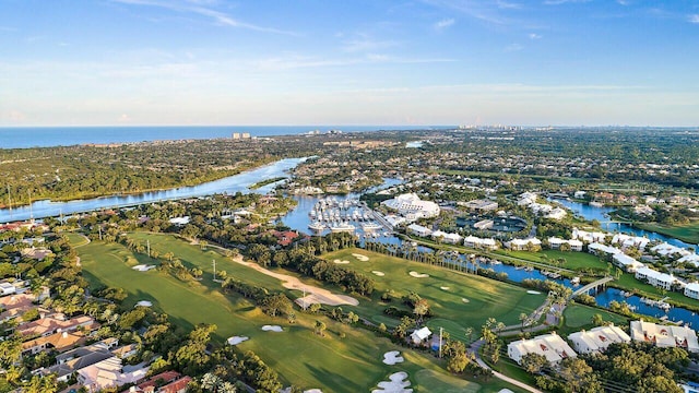 drone / aerial view with a water view