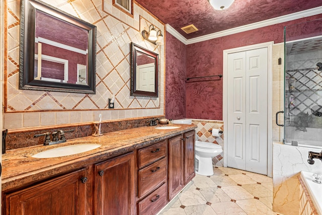 full bathroom featuring shower with separate bathtub, tile walls, ornamental molding, vanity, and toilet