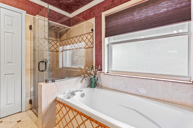 bathroom with crown molding and independent shower and bath