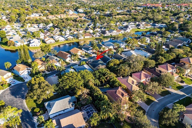 drone / aerial view featuring a water view