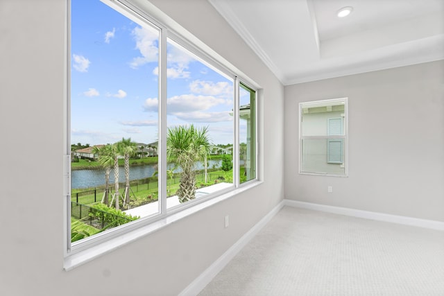 carpeted empty room featuring a raised ceiling, ornamental molding, and a water view