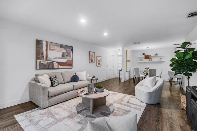 living room featuring dark wood-type flooring