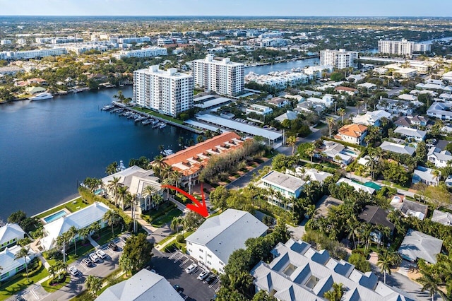 drone / aerial view featuring a water view