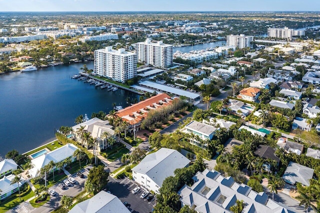 bird's eye view with a water view