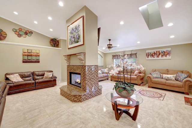 living room with crown molding, high vaulted ceiling, ceiling fan, and a multi sided fireplace