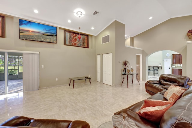 living room featuring ornamental molding and high vaulted ceiling