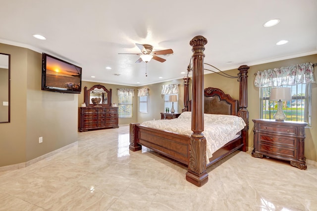 bedroom with ornamental molding and decorative columns