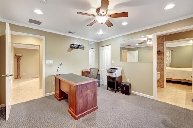 office space with ceiling fan, light colored carpet, and ornamental molding