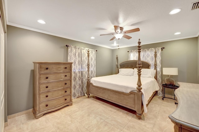 bedroom with ornamental molding and ceiling fan