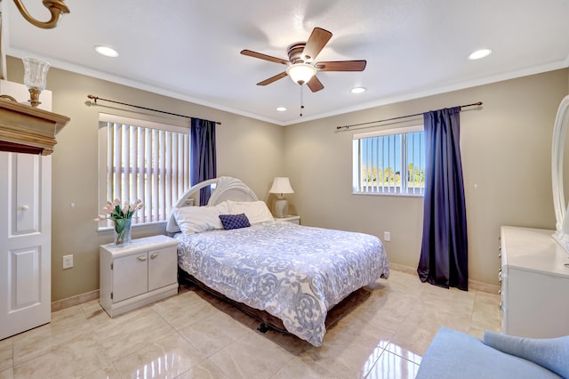 bedroom featuring ornamental molding and ceiling fan