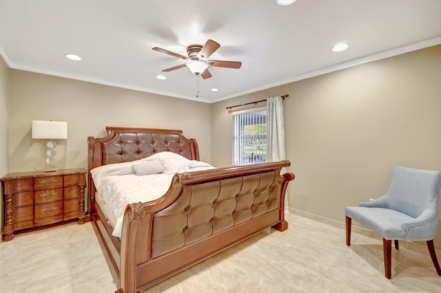 bedroom featuring crown molding and ceiling fan