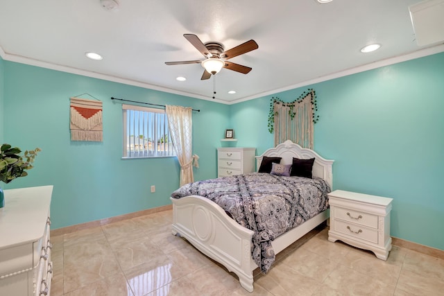 bedroom with ornamental molding and ceiling fan