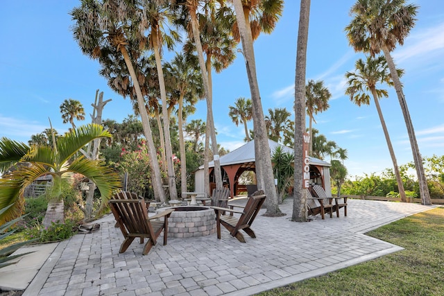 view of patio / terrace with a gazebo and an outdoor fire pit