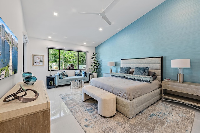 bedroom with vaulted ceiling and ceiling fan