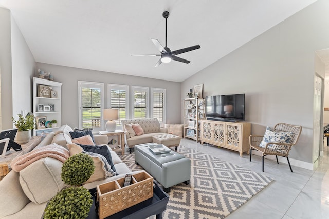 living room with lofted ceiling and ceiling fan