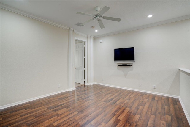 unfurnished living room with ornamental molding, ceiling fan, baseboards, and wood finished floors