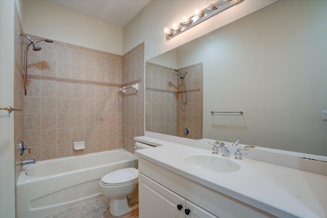 full bathroom with shower / bathtub combination, vanity, toilet, and tile patterned floors