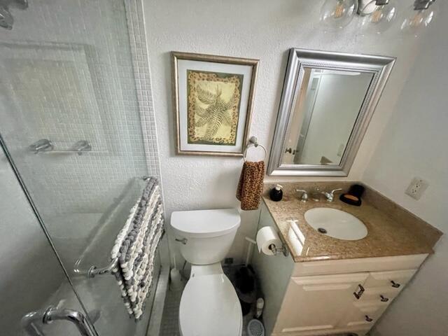 bathroom with vanity, a shower, and toilet