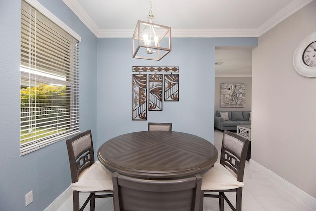 dining space with crown molding, a chandelier, and light tile patterned floors