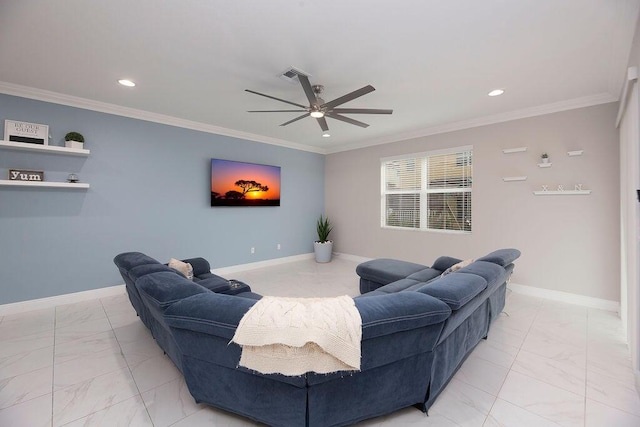 living room featuring crown molding and ceiling fan