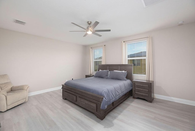 bedroom featuring light hardwood / wood-style floors and ceiling fan