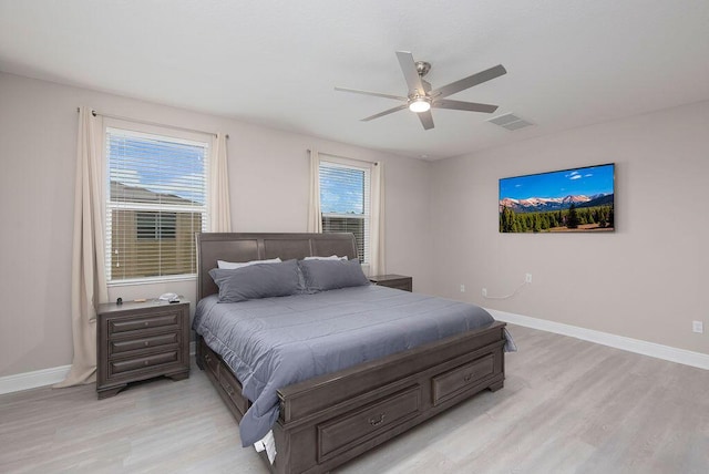 bedroom featuring ceiling fan and light wood-type flooring