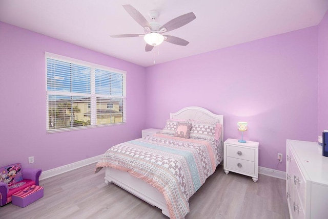 bedroom with light hardwood / wood-style floors and ceiling fan