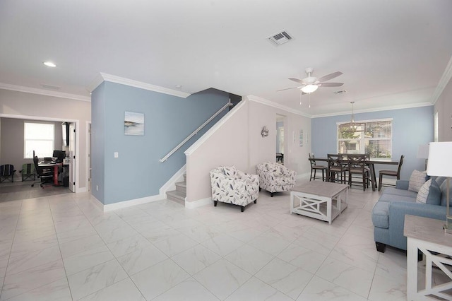 living room featuring crown molding and ceiling fan