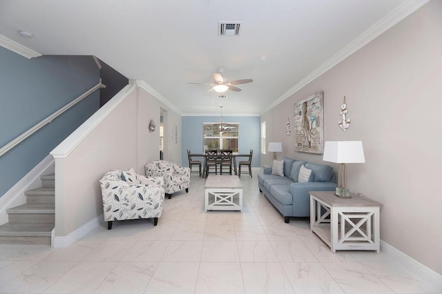 living room featuring crown molding and ceiling fan